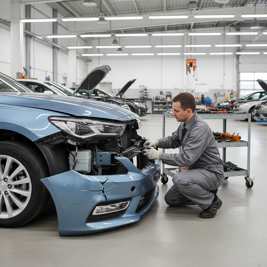 Technician repairing collision damage on a vehicle bumper