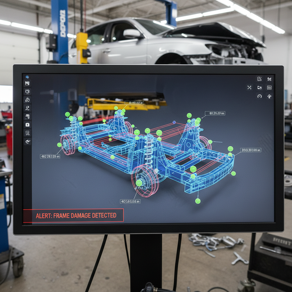 Computerized frame measuring system showing 3D vehicle measurements