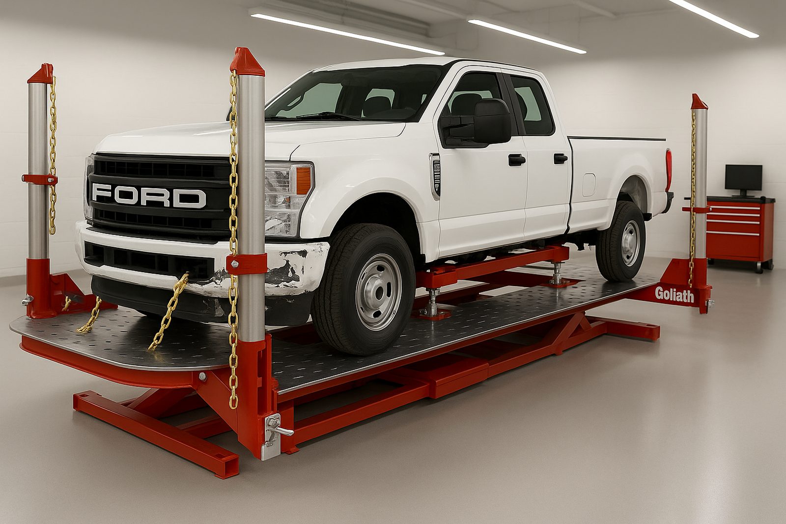 Heavy-duty crew cab pickup on the Goliath frame rack at Bob Weaver Collision