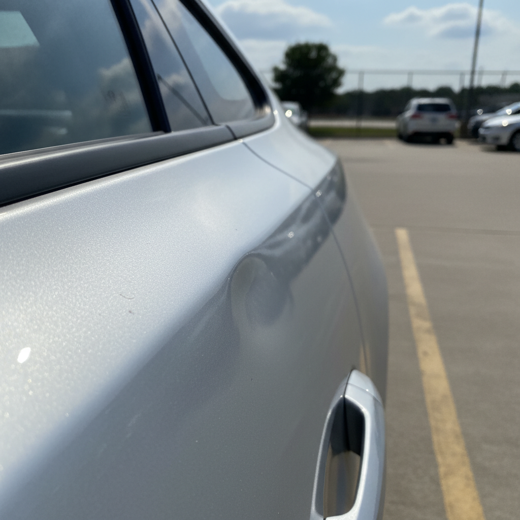 Close-up of a door ding dent on a car panel before paintless dent repair