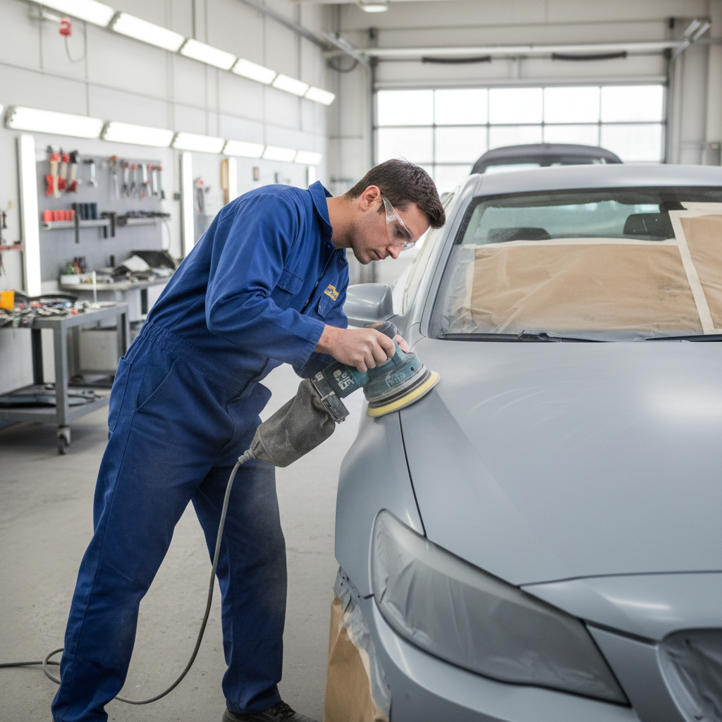 Collision repair - technician performing body work