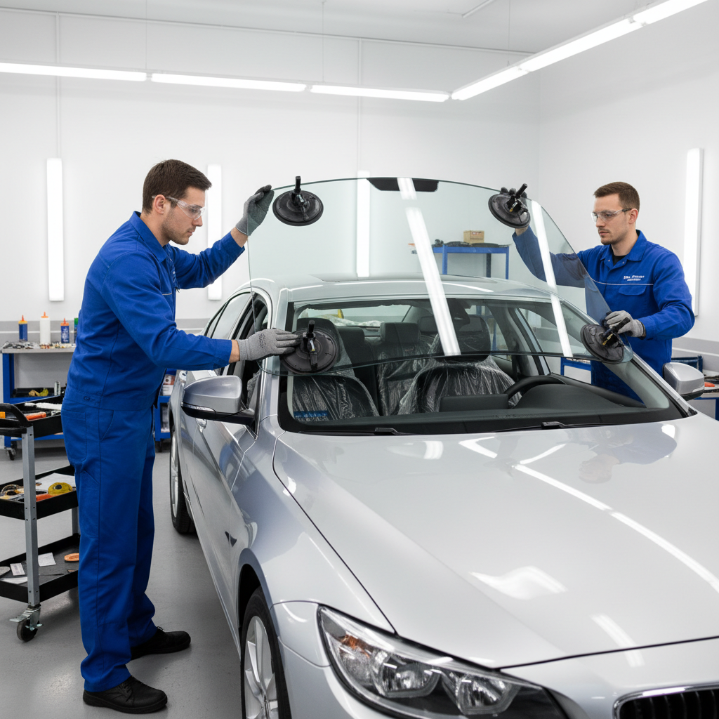 Technicians installing a new windshield using suction cup handles